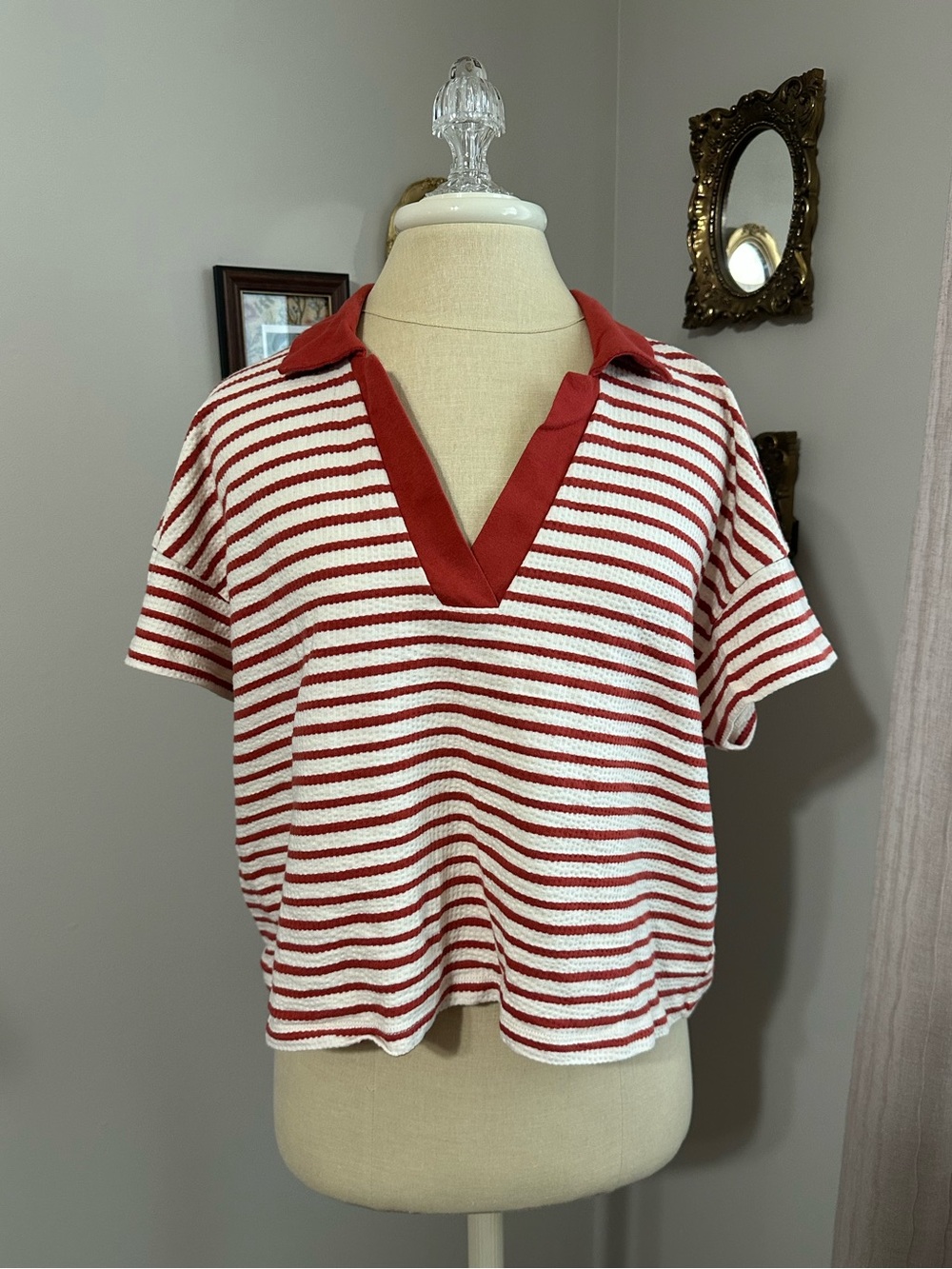 Madewell Red and Cream Striped V-Neck Polo - Picture 2 of 7